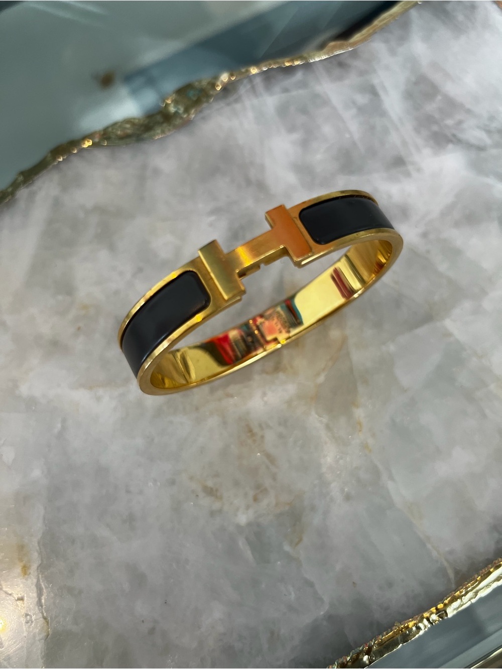 Hermes Gold-tone Bracelet with Black Enamel Hinge